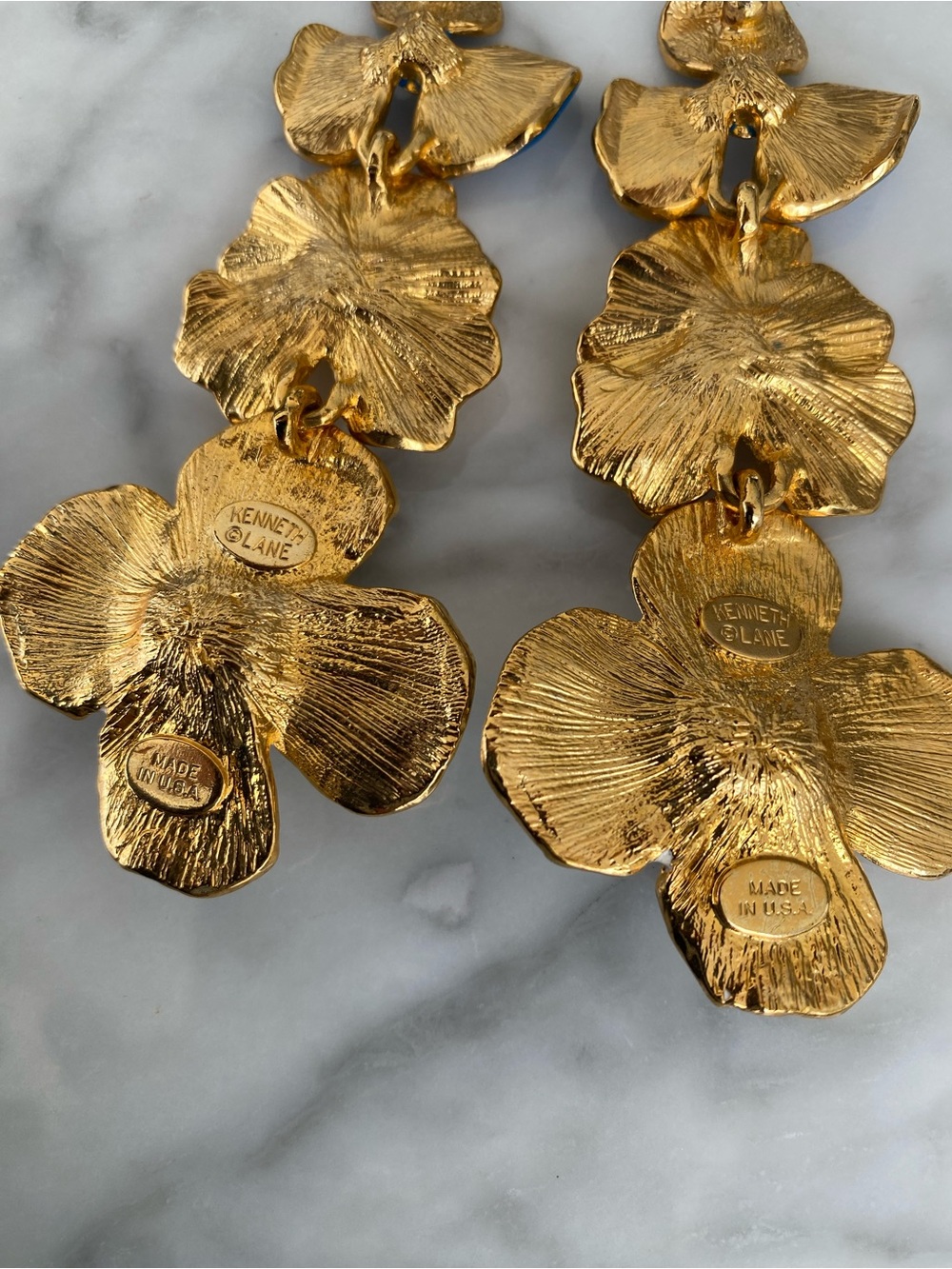 Kenneth Jay Lane Blue, Yellow & White Triple-Flower Drop Earrings - Picture 2 of 9